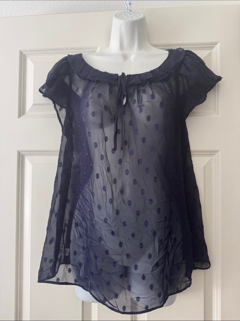 Loft Sheer Navy Textured Dot Tie-Neck Women’s Top size L